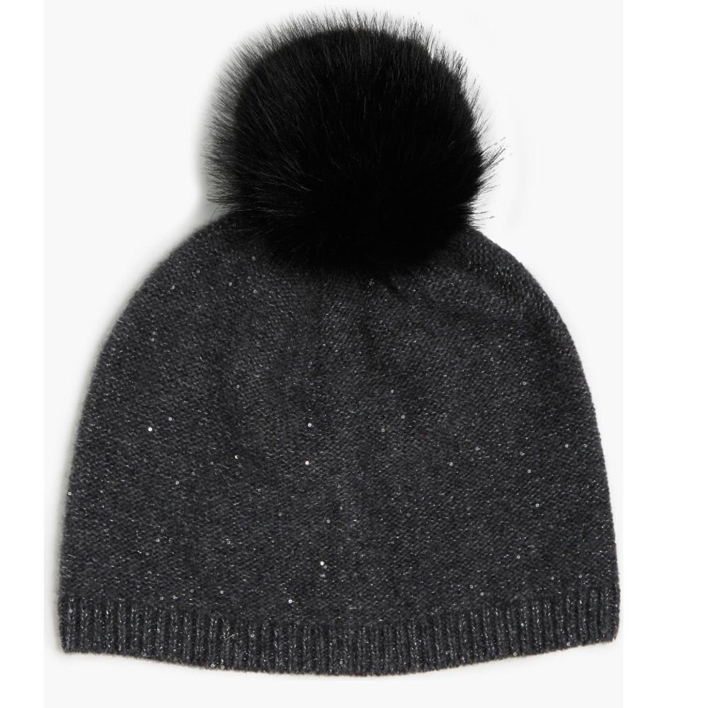 Sofia Cashmere Sequin 100% Cashmere Beanie with Faux Fur Pompom Gray/Black,‎ NWT